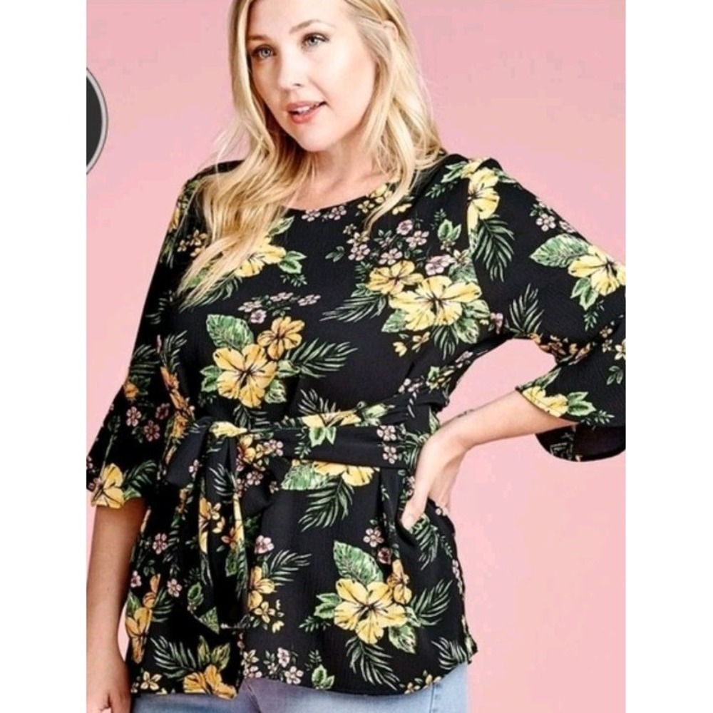 Oddy Oddi Floral Hibiscus Flower Bell Sleeve Tie Blouse Small Anthropologie